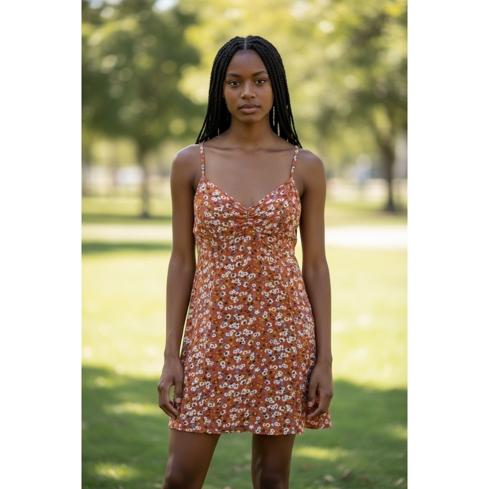 Aeropostale Womens Floral Mini Dress Orange Ruched V-Neck Sun Dress Size S